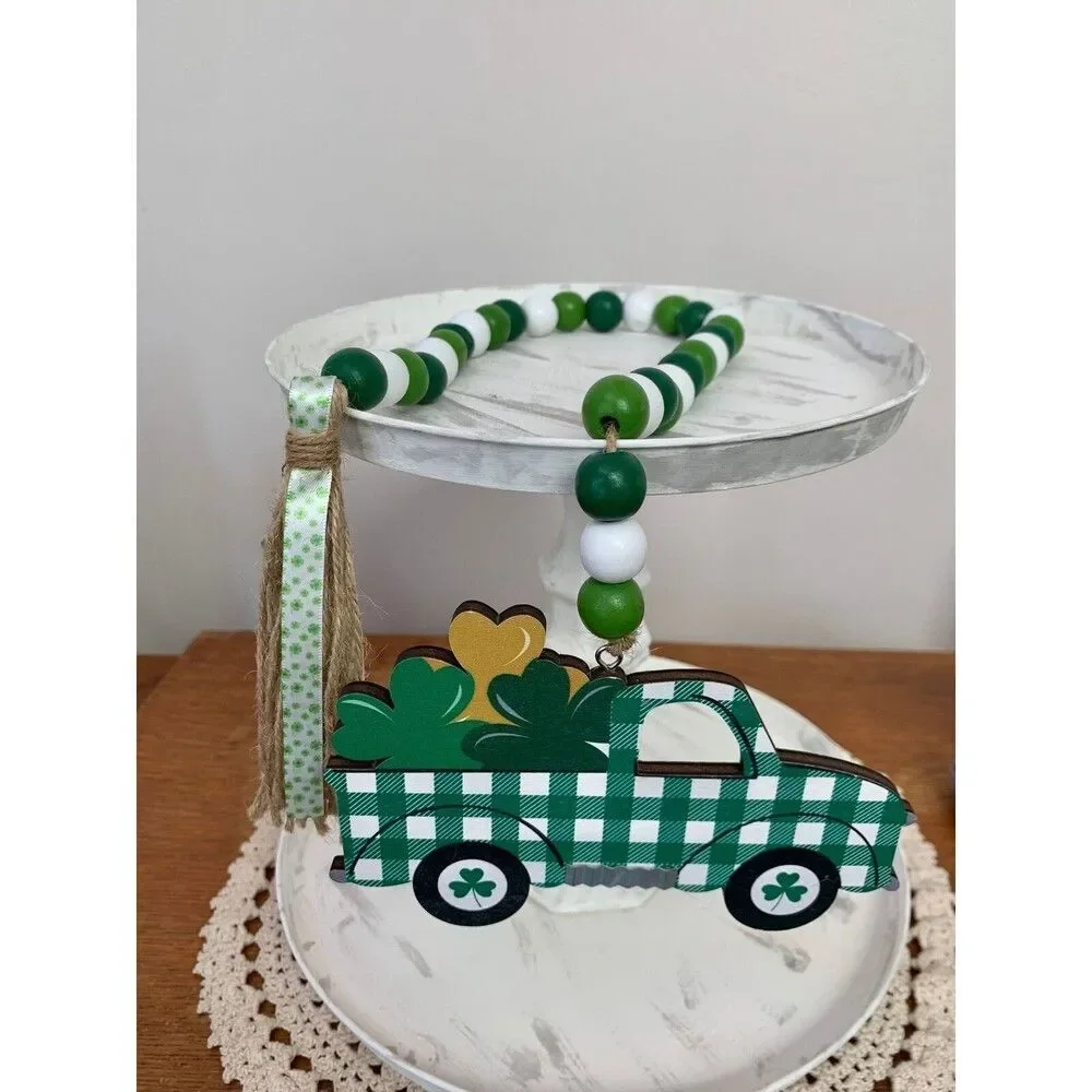 St Patrick’s Day Truck Tiered Tray Decor, St Patrick’s Day Beaded Garland Decor